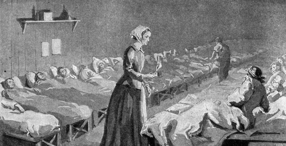 Historical drawing of Florence Nightingale treating wounded soldiers