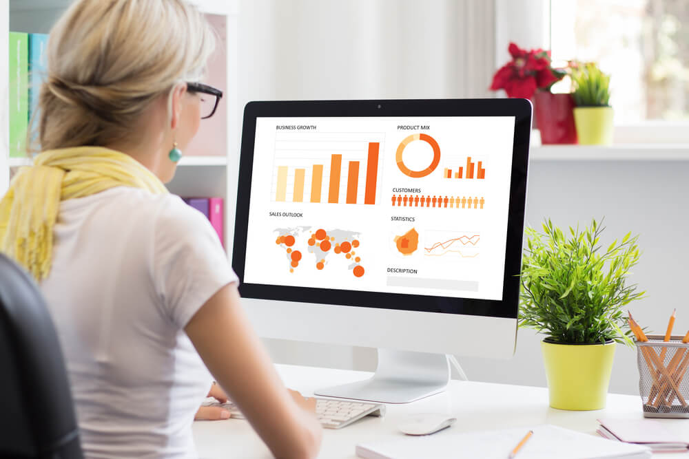 A DBA student analyzing graphs and charts in a BI dashboard