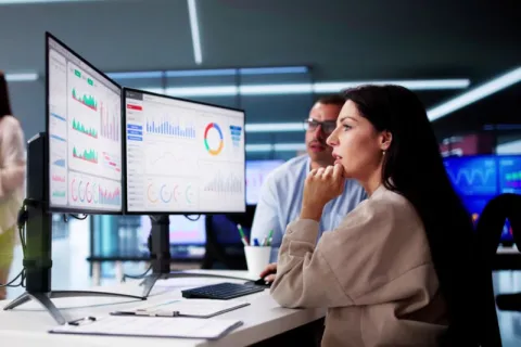 A data quality analyst showing off new reports to a colleague